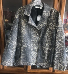 Chico's moto style muted black multi cotton bl jacket snake print zip 3=XL NWT - Picture 1 of 24
