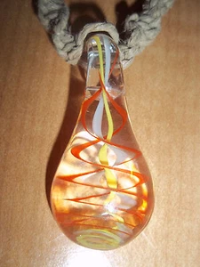 Hand Crafted Hemp Necklace with "Hand Made" Orange, White & Yellow Glass Pendant - Picture 1 of 3