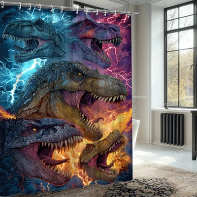 Electric Storm Angry Dinosaurs Colorful Blue Red Fire Shower Curtain - Image 1 of 4