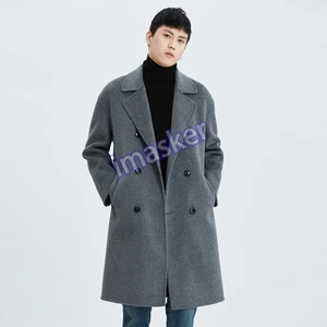 Mens Double Breasted Lapel Collar Mid Long 100% Wool Trench Coat Overcoats Loose - Picture 1 of 29