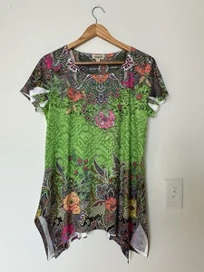 One World Womens Medium Green Pink Floral Jewel Tshirt Top Blouse - Picture 1 of 5