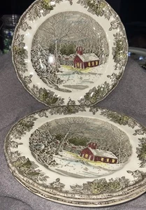 VTG JOHNSON BROS 10" Friendly Village Dinner Plates THE SCHOOL HOUSE-~set Of 4 - Imagen 1 de 4