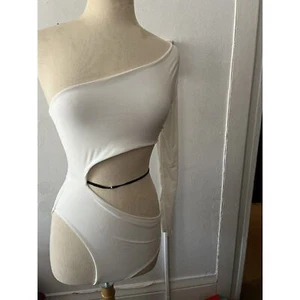nasty Gal white satin part time lover bare Shoulder Long Sleeve bodysuit Size 8 - Picture 1 of 12