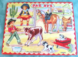 Vintage Western Cowboy & Girl Bar XYZ Saalfield Childs Inlaid Puzzle - Picture 1 of 3