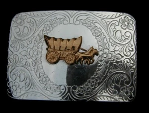 VINTAGE 1980'S WESTERN STYLE STAGECOACH BELT BUCKLE W/ENGRAVED SCROLLWORK NS - Picture 1 of 2