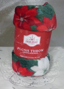 Holiday Time Plush Throw Blanket Green Poinsettia Christmas Design 48" x 58" - Picture 1 of 6