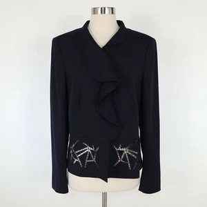 ESCADA Blazer Jacket US12 D42 Wool Cut Out Navy Blue Ruffle Front Peplum Stretch - Picture 1 of 12