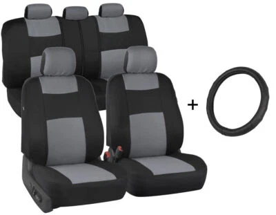 Fundas de asiento de coche delanteras/traseras + cubierta de volante de cuero de microfibra gris Foto 1 de 4