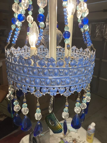 Vintage Antique Blue Tin Metal Chandelier with Plastic Prism and Beaded Strands Cover