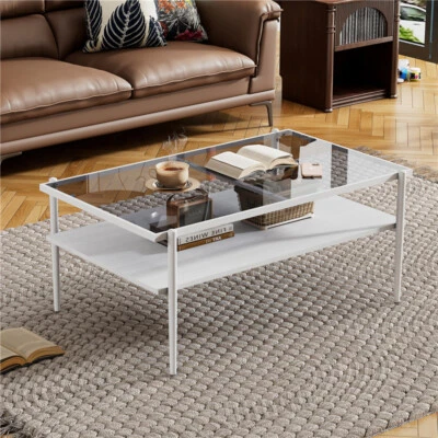 Mesa de Centro Rectangular Mesa Moderna con Tapa de Vidrio Templado Gris para Salón Foto 1 de 4