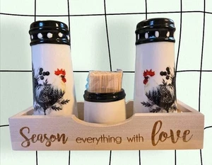 Woobud Rooster Salt & Pepper Shakers Toothpick Holder Set Caddy Country Farm - Picture 1 of 6