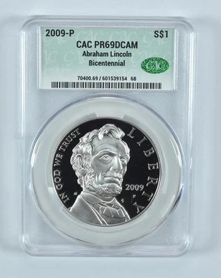 2009-P Abraham Lincoln Commemorative Silver Dollar PR69 DCAM CAC CACg *1229 - Image 1 of 4