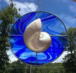 VTG Stained Glass Sea Shell Sun Catcher Cobalt Blue Swirl Nautical Beach Decor - Picture 1 of 13