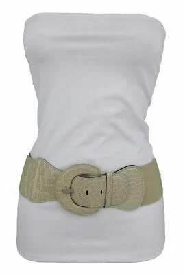 Women Fashion Light Beige Faux Leather Stretch Band Belt Casual Outfit XS S M - Image 1 of 4