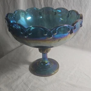 Indiana Carnival Glass Pedestal Bowl Compote Tear Drop Garland Iridescent Blue - Picture 1 of 10