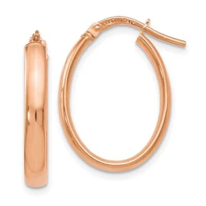 14K Solid Rose Gold Oval Medium Hoop Earrings - Picture 1 of 5