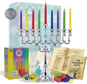 Hanukkah Menorah Complete Set - Menorah - Candles - Dreidels - Chanukah Guide - Picture 1 of 8