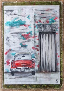 'Cuban Car' - pencil and coloured pencil drawing mounted on canvas board. - Picture 1 of 2