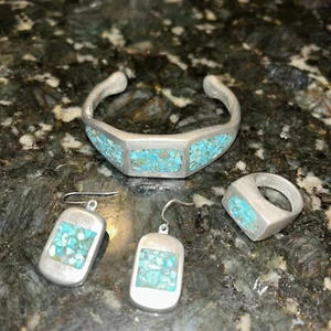 Vtg Clara Studio Asymmetry Silver Turquoise Inlay Earrings Bracelet Ring Set - Picture 1 of 9