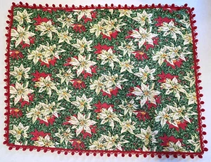Vtg Handmade Christmas Tablecloth Poinsettias Red Pom Pom Fringe 40.5" x 52" - Picture 1 of 5