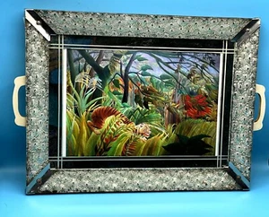 Vintage Wooden Metal Glass Mirror Tray Surprised! tiger in jungle by H Rousseau - Picture 1 of 11