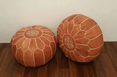 PAIR (2) New Moroccan Leather Ottoman Pouffe Pouf Footstools - Image 1 of 4