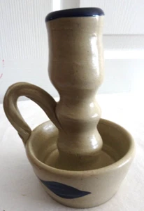 VINTAGE WILLIAMSBURG POTTERY SALT GLAZED BLUE LEAF FINGER CANDLE STICK HOLDER - Picture 1 of 6