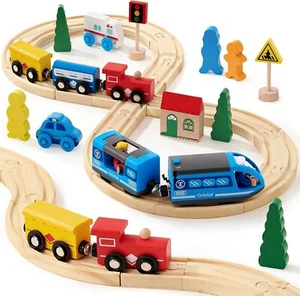 Wooden Train Set Rail Track with Battery Powered Electric Locomotive Magnetic - Picture 1 of 7