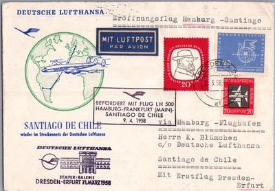 GERMANY DDR 1958 LUFTHANSA FIRST FLIGHT COVER TO SANTIAGO CHILE CANC DRESDEN - Image 1 of 2