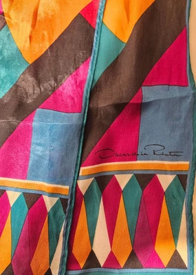 Oscar de la Renta Bufanda 53" x 11" Azul Dorado Magenta Negro Blanco Foto 1 de 3