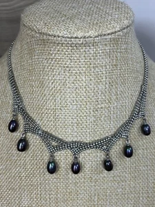 Tibetan Silver Chainmail Black Freshwater Pearl Charm Fringed Collar Necklace 67 - Picture 1 of 11