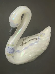 Fenton Glass Swan White Iridescent Hand Painted 25th Anniversary Signed - Picture 1 of 10