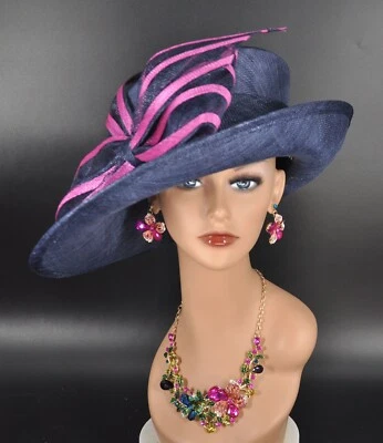 Church Kentucky Derby Hat Carriage Tea Party Wedding  Royal Ascot Navy Blue - Image 1 of 4
