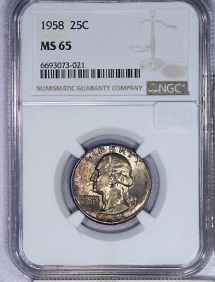 1958 Washington Quarter 25c NGC MS65 - Handsome Mint Set Toning! - Image 1 of 2