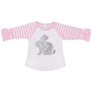 Pink Striped Silver Easter Bunny Ruffle 3/4 Sleeve Raglan T-Shirt 3-4T or 4-5T - Picture 1 of 1