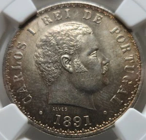 PORTUGAL Kingdom 500 reis 1891 NGC MS 63 UNC King Carlos Silver Wreath Graded - Picture 1 of 8