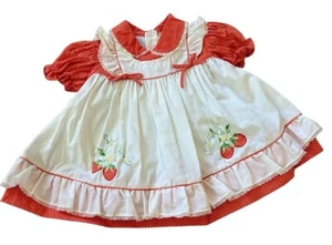 Vtg 1980s Red Pinafore Lace Apron Dress - Size 24 Months Girls Strawberries - Picture 1 of 6