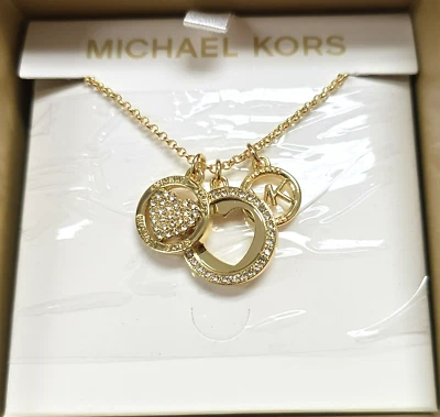 MICHAEL KORS 3 DIJES TONO DORADO PAVÉ CORAZÓN, LOGOTIPO MK, COLLAR CADENA MKJ8184 Foto 1 de 4