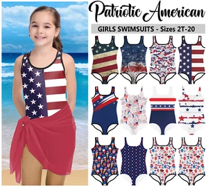 Kids Patriotic Swimsuit #1 - Baby Girl Teens Bathing Suit American Flag USA - Picture 1 of 30