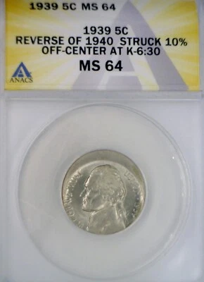 1939 ERROR ANACS MS64 OFF CENTER Jefferson Nickel CH BU + FLASHY LUSTER Coin NR - Image 1 of 4