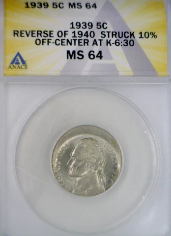 1939 ERROR ANACS MS64 OFF CENTER Jefferson Nickel CH BU + FLASHY LUSTER Coin NR Cover