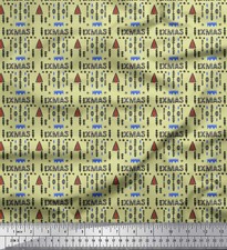 Soimoi Beige Cotton Poplin Fabric Text & Christmas Tree Folk Art-s1f