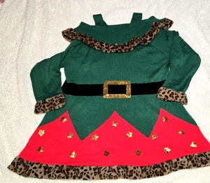 Holiday Time Damen 2X Plus Elfe Pullover Kleid Leopardenbesatz grün rot Weihnachten - Bild 1 von 7