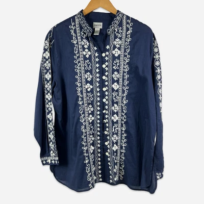 Blusa túnica Top Chicos para mujer talla 3/XL/16 bordado botón delantero azul marino blanco Foto 1 de 4