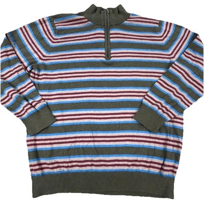 LL Bean Sweater Men Large Brown Blue Striped Pull Over Quarter Zip T Soft Adult - Image 1 of 4