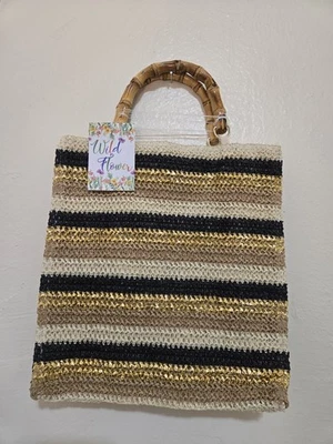 Bolso de Mano Flor Salvaje Crema y Rayas Multicolor Paja con Asas de Bambú Foto 1 de 4