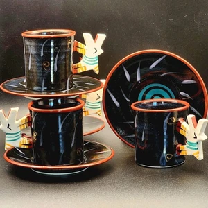 RARE LeStudio Page Thorbeck Monster Dogs 4 Cups Saucers 1980s Studio Pottery EUC - Picture 1 of 15