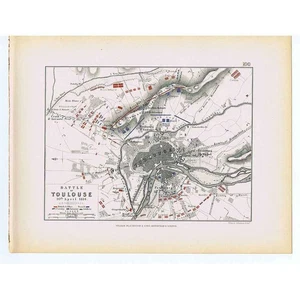 FRANCE Battle of Toulouse 1814 - French and British Allies - Antique Map 1875 - Picture 1 of 1