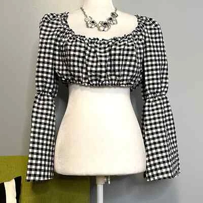 TOPSHOP Black White Gingham Plaid Puff Sleeve Crop Top NEW 6P Petite - Image 1 of 4