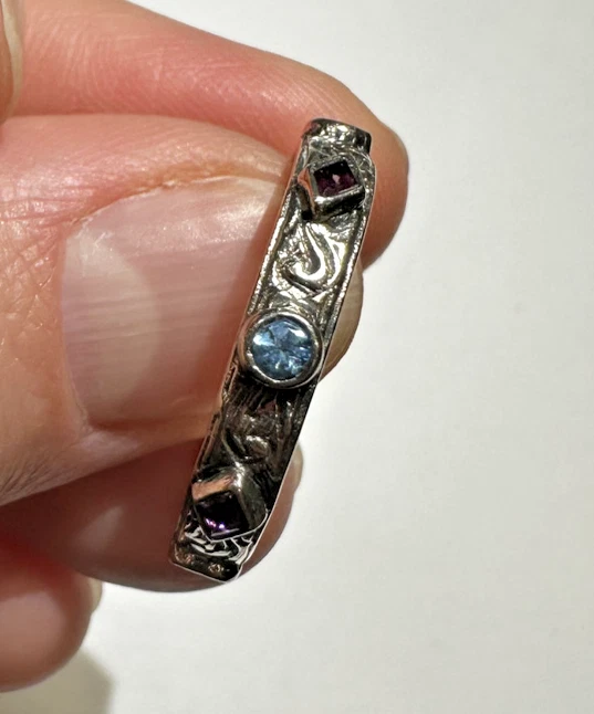 Argento Sterling Francese Inciso Topazio Blu Ametista Viola Fatto a Mano Vintage - Immagine 1 di 4
